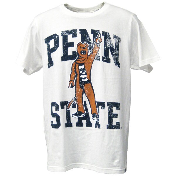 white short sleeve t-shirt with distressed screen print Nittany Lion Mascot in front of Penn State